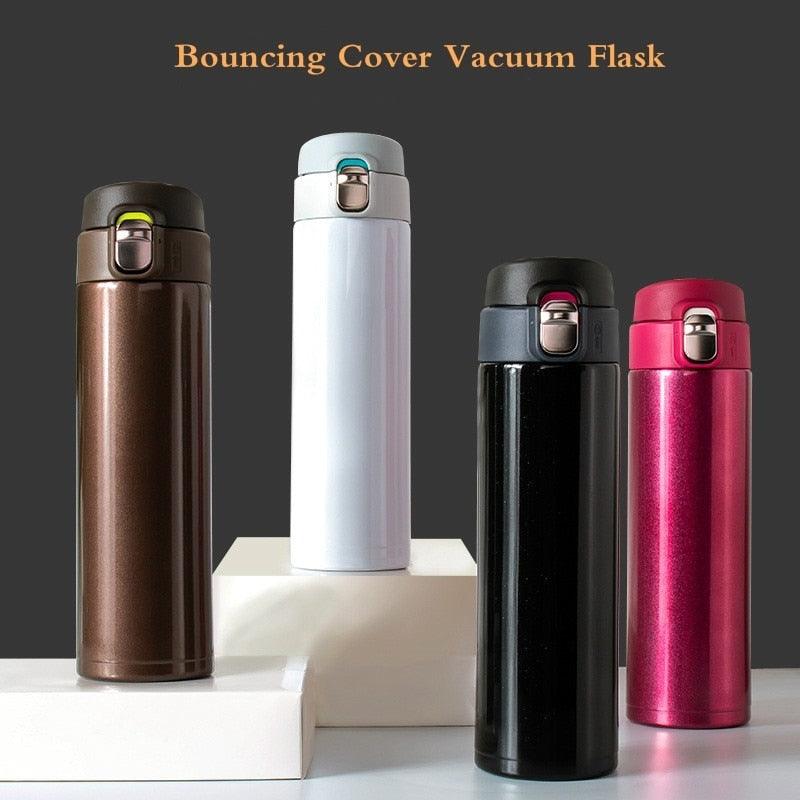 Stevvex 500ml stainless steel vacuum flask with bounce-cover lid; set of four on Tampa Home & Garden Store