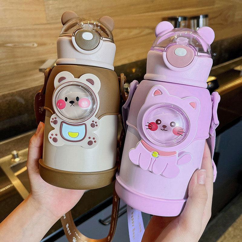 Stevvex 500ml stainless steel two-bottle set with bear and cat cartoon, straw, leak-proof on Tampa Home & Garden Store