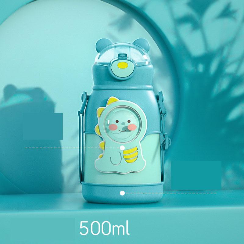 Blue 500ml stainless steel kids' thermos with bear-ear lid, cartoon dinosaur on front, strap on Tampa Home & Garden Store