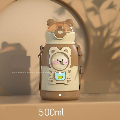 Stevvex 500ml stainless steel kids bear thermos with straw, leak-proof, adjustable strap on Tampa Home & Garden Store