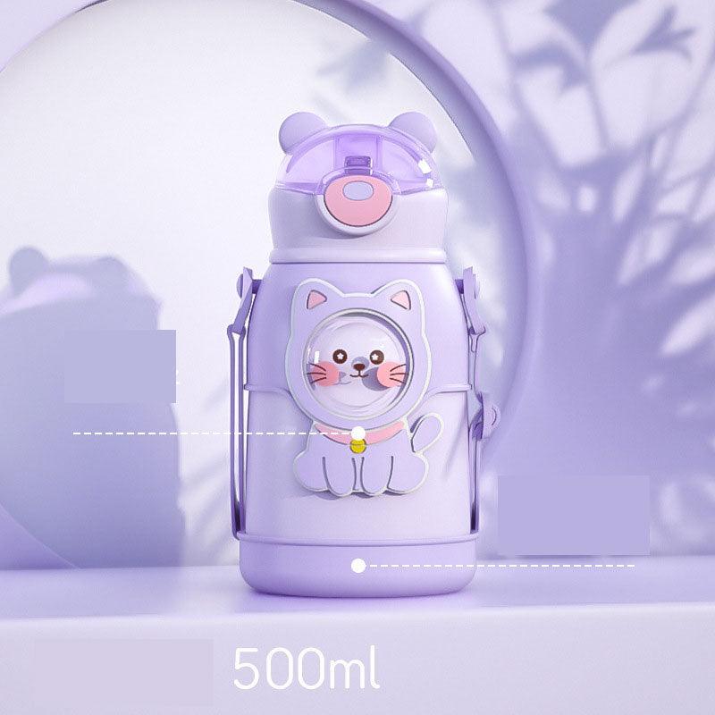 Stevvex 500ml kids water bottle with straw, purple cat design, leakproof, adjustable strap on Tampa Home & Garden Store