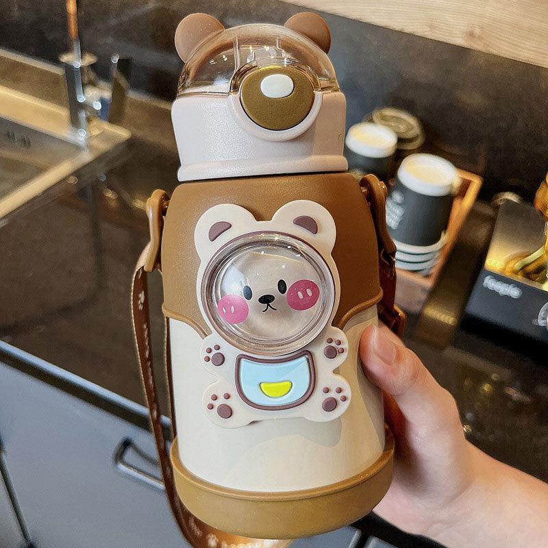 500ml Stevvex stainless steel kids thermos with bear cartoon lid, straw, and strap on Tampa Home & Garden Store