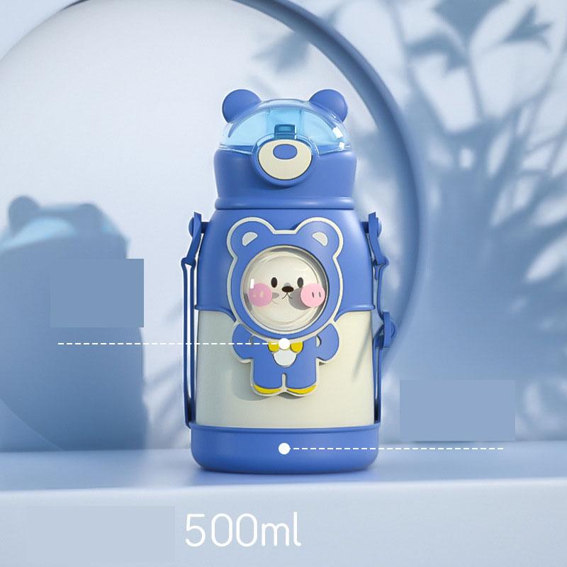 500ml Stevvex kids thermos with blue bear design, straw, leak-proof cup, adjustable strap on Tampa Home & Garden Store