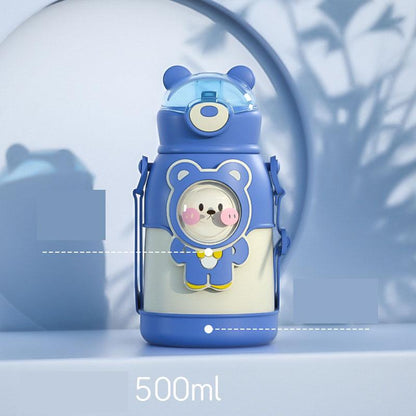 500ml Stevvex kids thermos with blue bear design, straw, leak-proof cup, adjustable strap on Tampa Home & Garden Store