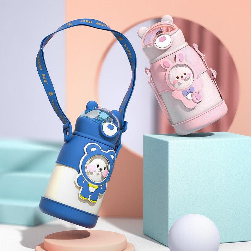 Two Stevvex 500ml stainless steel kids water bottles with straw, bear cartoon blue and pink on Tampa Home & Garden Store