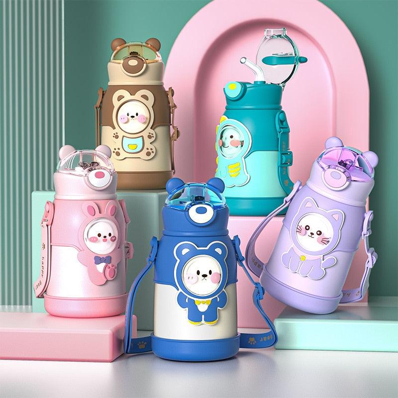 Kids 500ml steel thermos bottles set with cartoon animal designs, leakproof straw Stevvex on Tampa Home & Garden Store