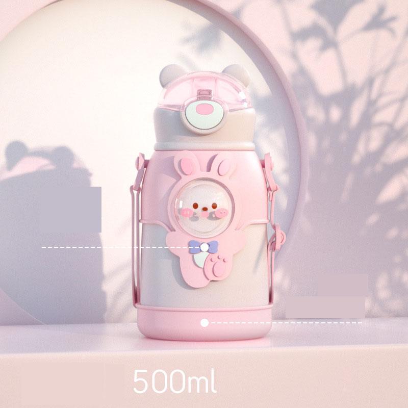 Stevvex 500ml stainless steel kids thermos with pink bear, straw, leakproof strap on Tampa Home & Garden Store