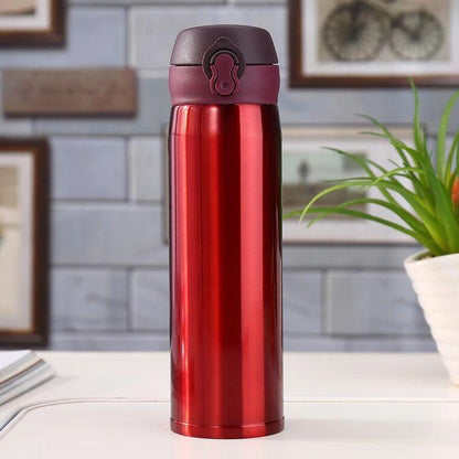 Red stainless steel 500ml vacuum insulated thermos with flip-top maroon lid on Tampa Home & Garden Store