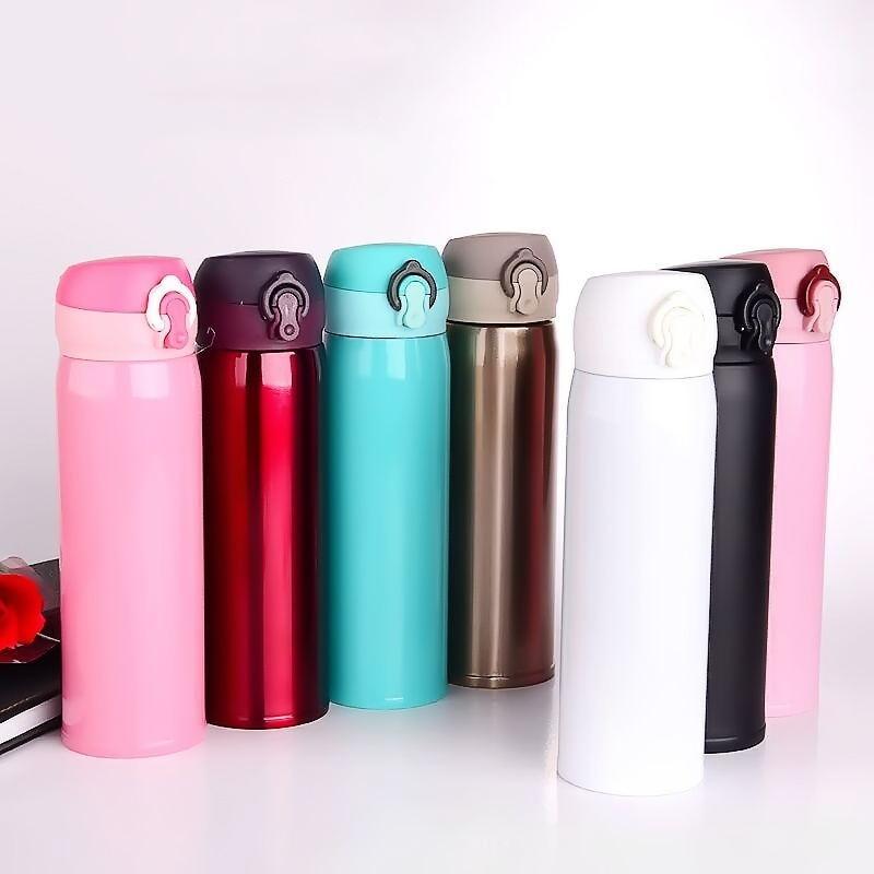 Seven 500ml Stevvex stainless steel thermos bottles with bouncing lids in assorted colors on Tampa Home & Garden Store