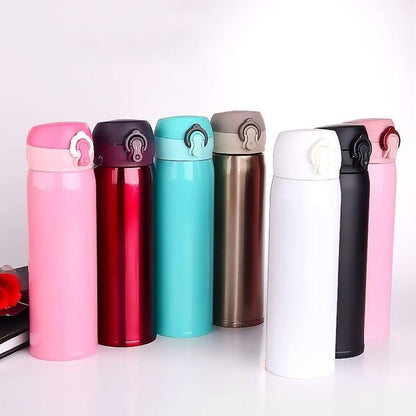 Seven 500ml Stevvex stainless steel thermos bottles with bouncing lids in assorted colors on Tampa Home & Garden Store