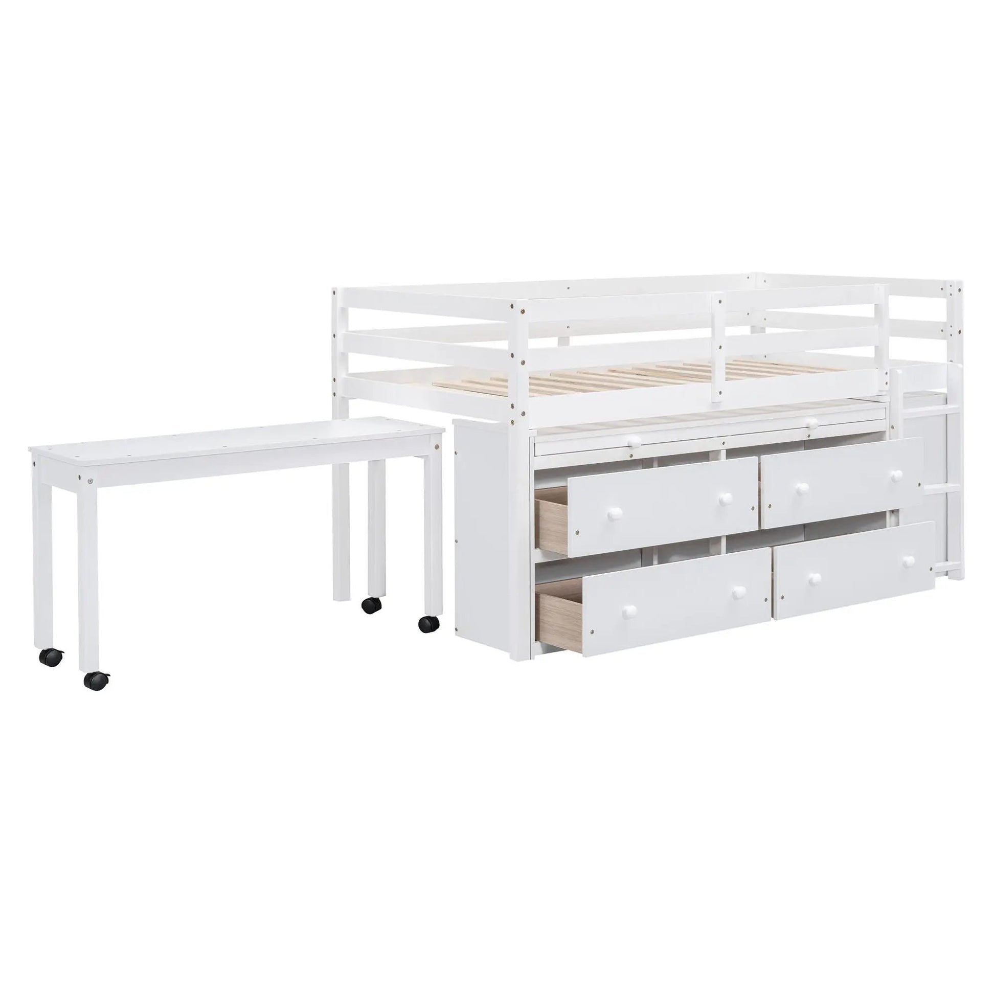 Loft bed with retractable desk and 4 drawers, white wood frame with side portable desk and shelves on Tampa Home & Garden Store