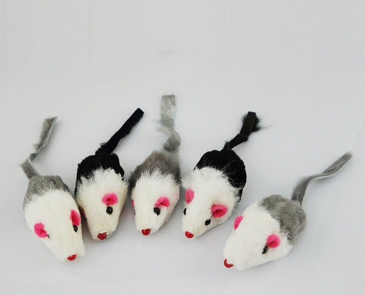 Fake Mouse Tiantian Rabbit Skin Mouse Toy 5-pack plush mice with white fur, pink ears on Tampa Home & Garden Store