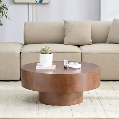 31.49in Faux Burl Wood Round Coffee Table on pedestal, brown finish with succulent decor on Tampa Home & Garden Store