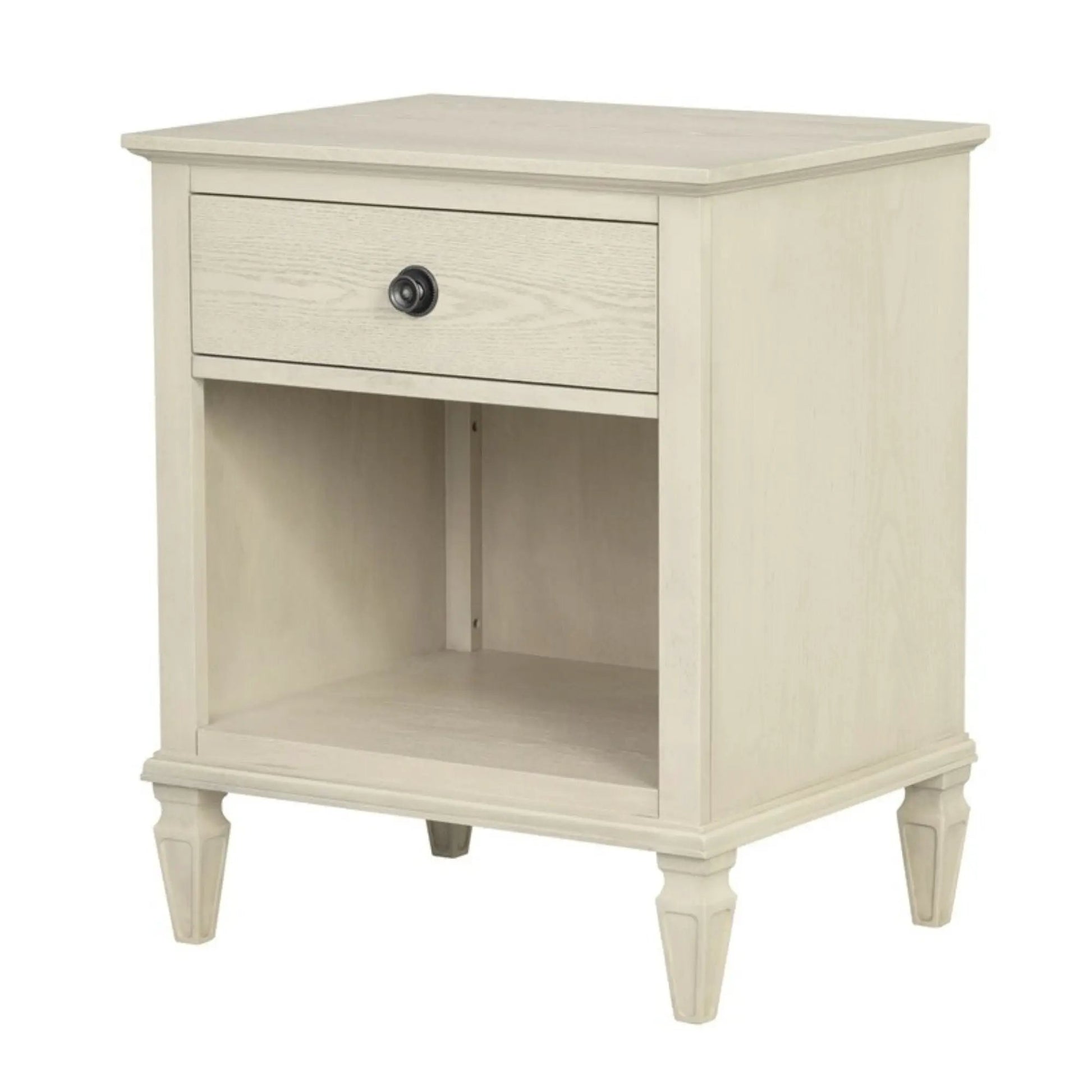 Victoria nightstand with open storage, whitewashed wood finish, single drawer with knob on Tampa Home & Garden Store