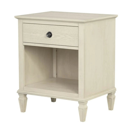 Victoria nightstand with open storage, whitewashed wood finish, single drawer with knob on Tampa Home & Garden Store