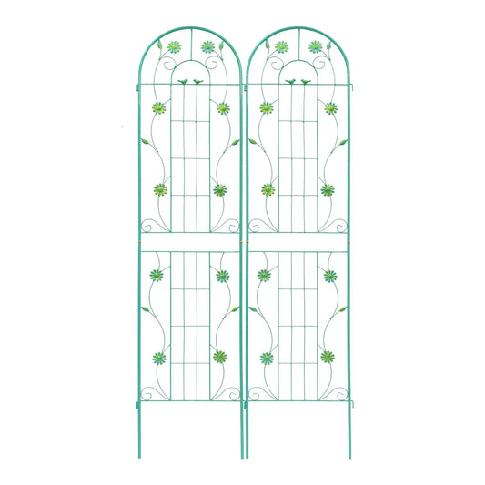 Metal garden trellis pair in green with arch top and flower motifs for climbing plants on Tampa Home & Garden Store