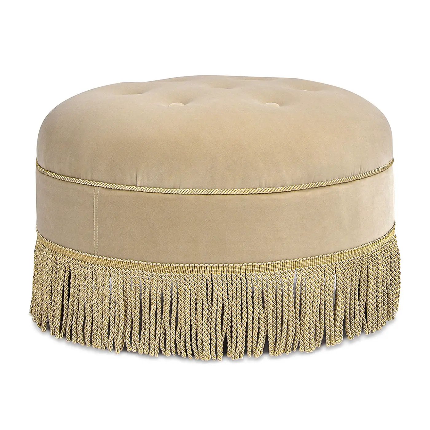Yolanda round beige upholstered ottoman with gold rope trim and fringe Unique Piece Furniture on Tampa Home & Garden Store