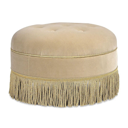 Yolanda round beige upholstered ottoman with gold rope trim and fringe Unique Piece Furniture on Tampa Home & Garden Store