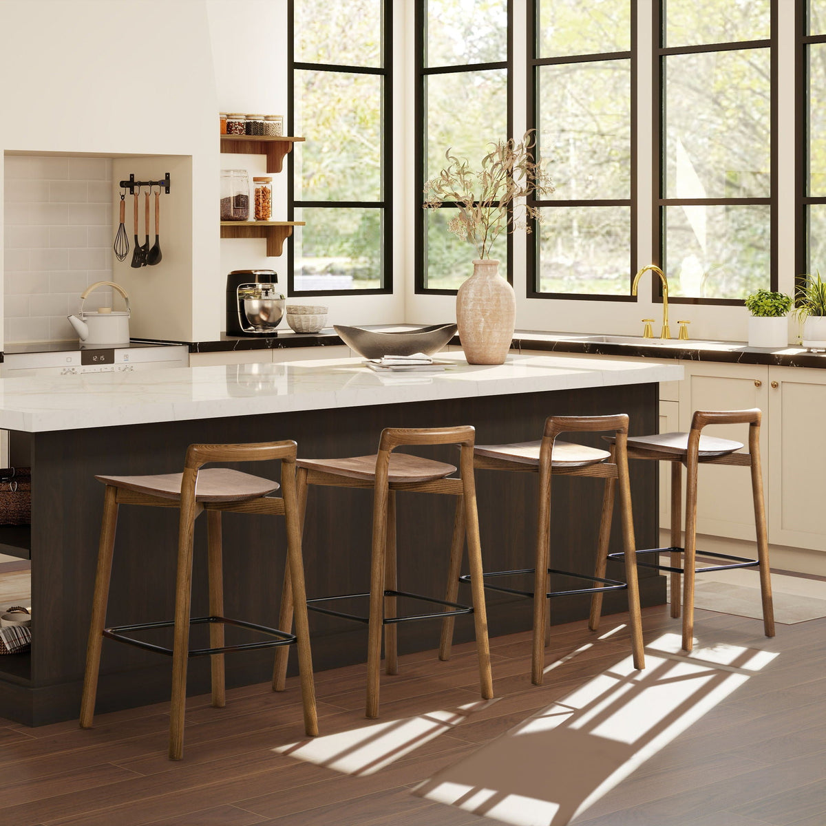 Modern minimalist low back counter stool in ash wood construction, dark brown walnut finish on Tampa Home & Garden Store