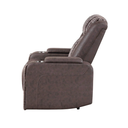 Duran power recliner with power headrest in brown leather, faux fur trim, cup holder on Tampa Home & Garden Store