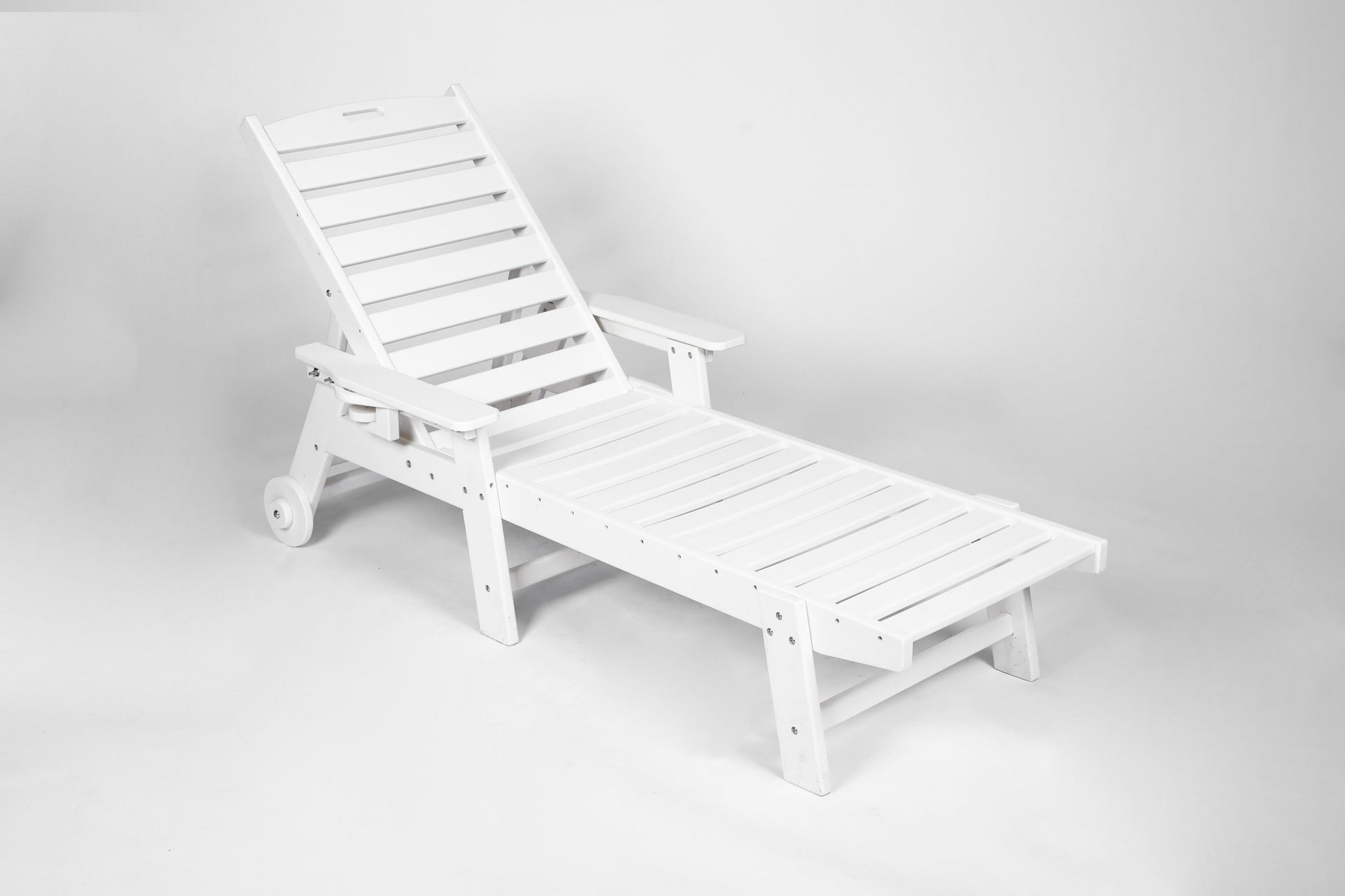 Outdoor lounge chaise with wood-textured white HDPE slats, adjustable backrest by HouseOfZazla on Tampa Home & Garden Store
