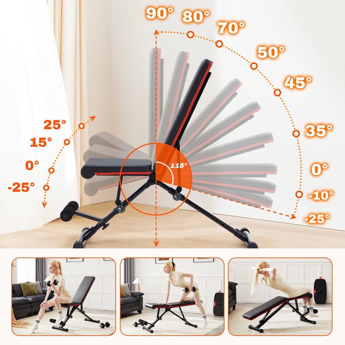 Adjustable fitness bench for home gyms by UpTrend Deals with black/red padding incline positions on Tampa Home & Garden Store