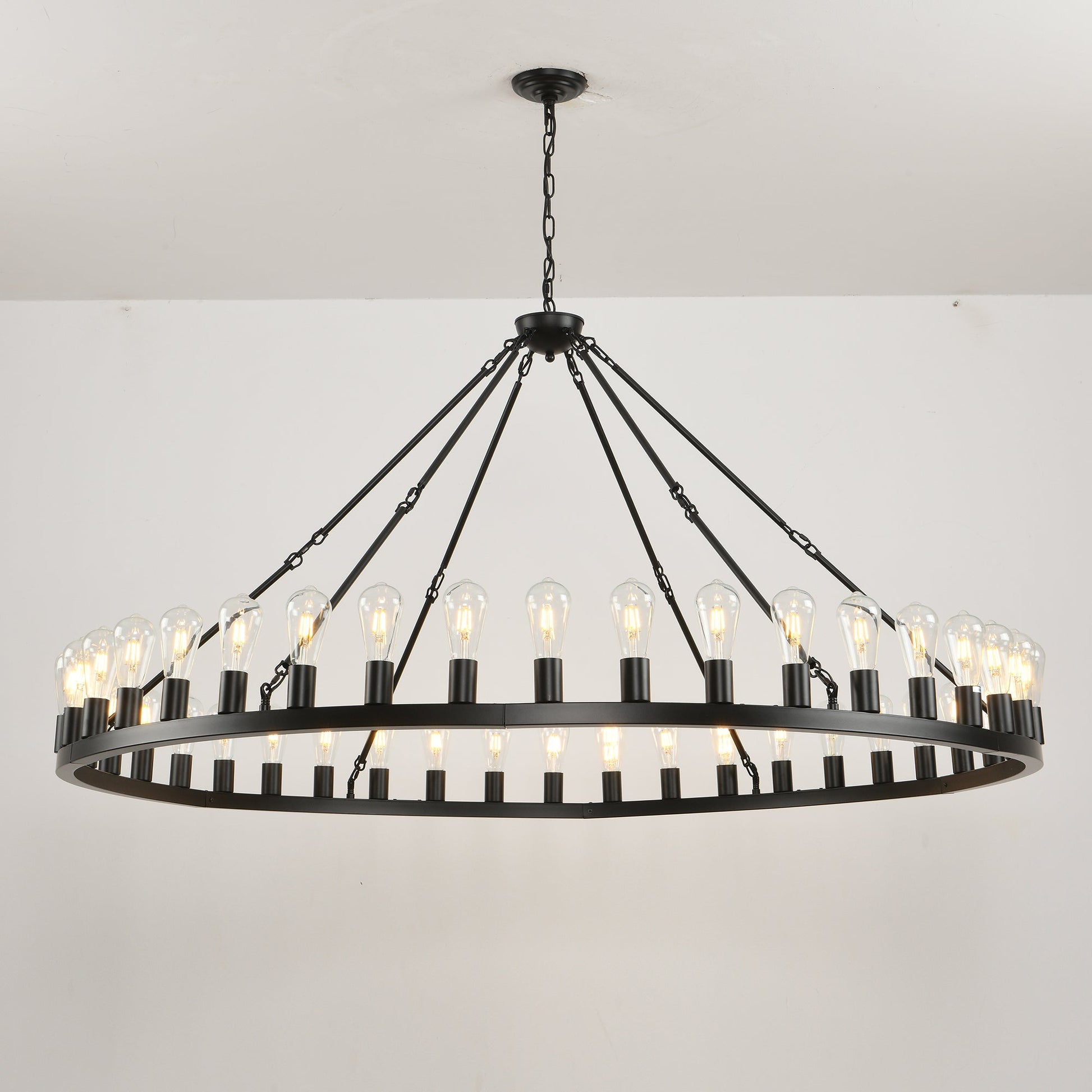 64 Inch matte black wagon wheel chandelier with 30 lights, circular frame and chains on Tampa Home & Garden Store