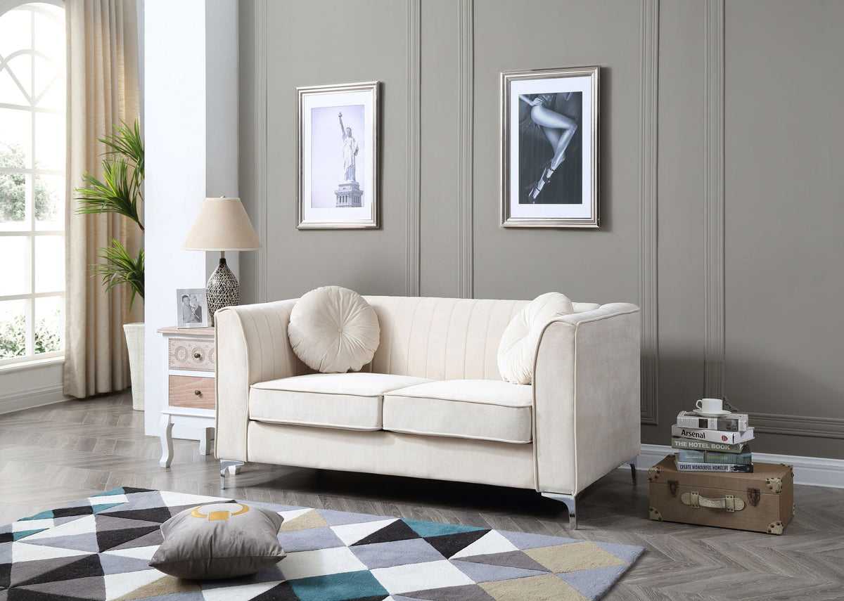 Glam Styled Micro Suede Loveseat with Channel Quilting in cream color stationary seating on Tampa Home & Garden Store