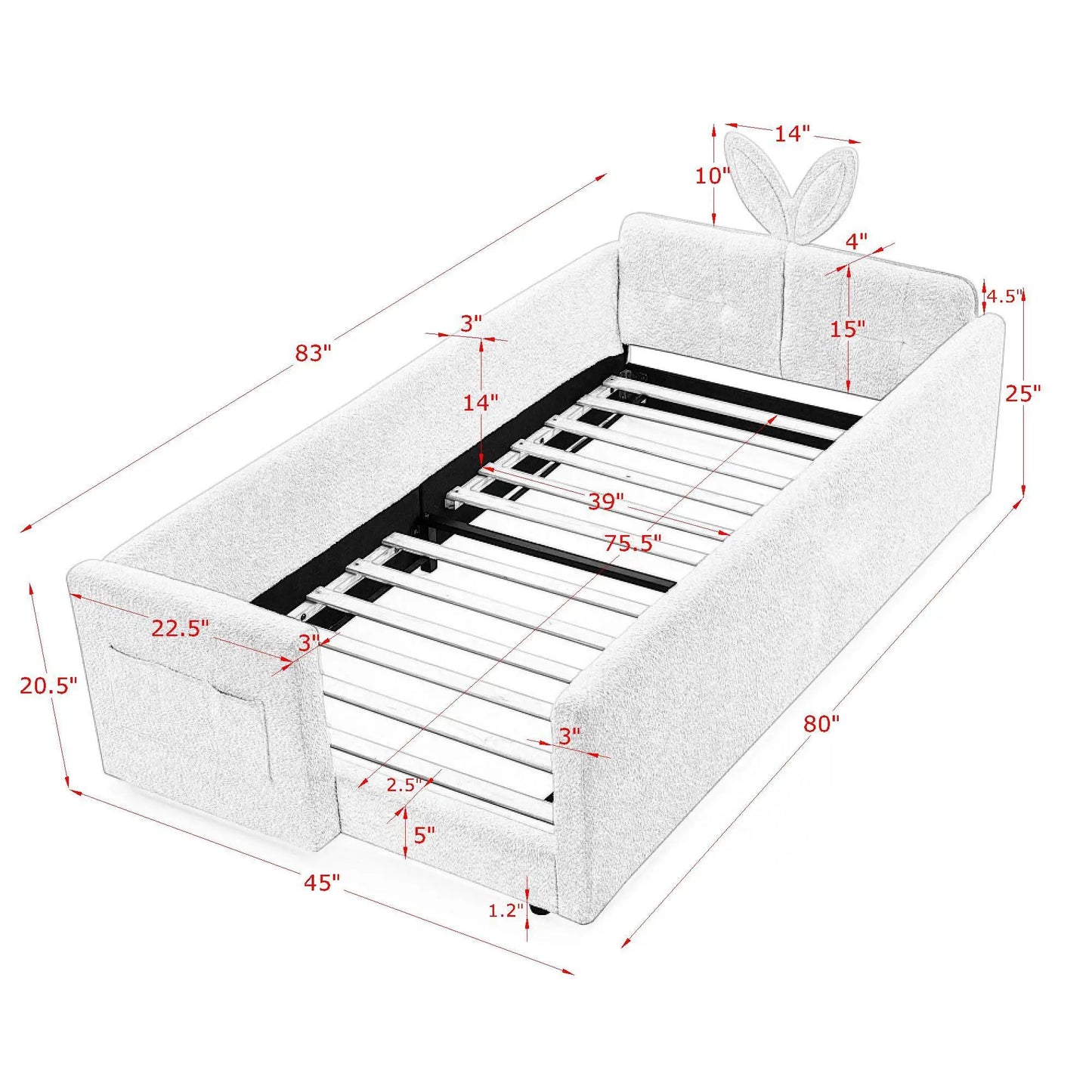 Cute Rabbit Ear upholstered platform bed frame with safety rail in gray fabric on Tampa Home & Garden Store