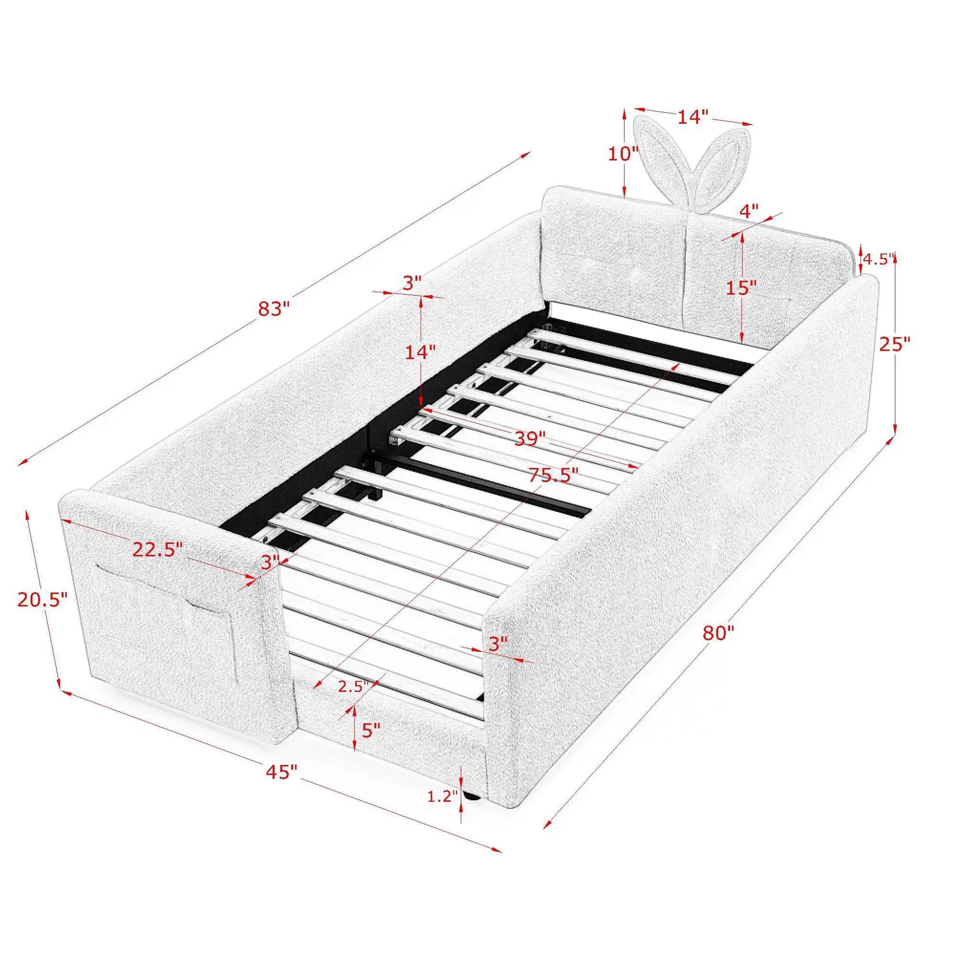 Cute Rabbit Ear upholstered platform bed frame with safety rail in gray fabric on Tampa Home & Garden Store