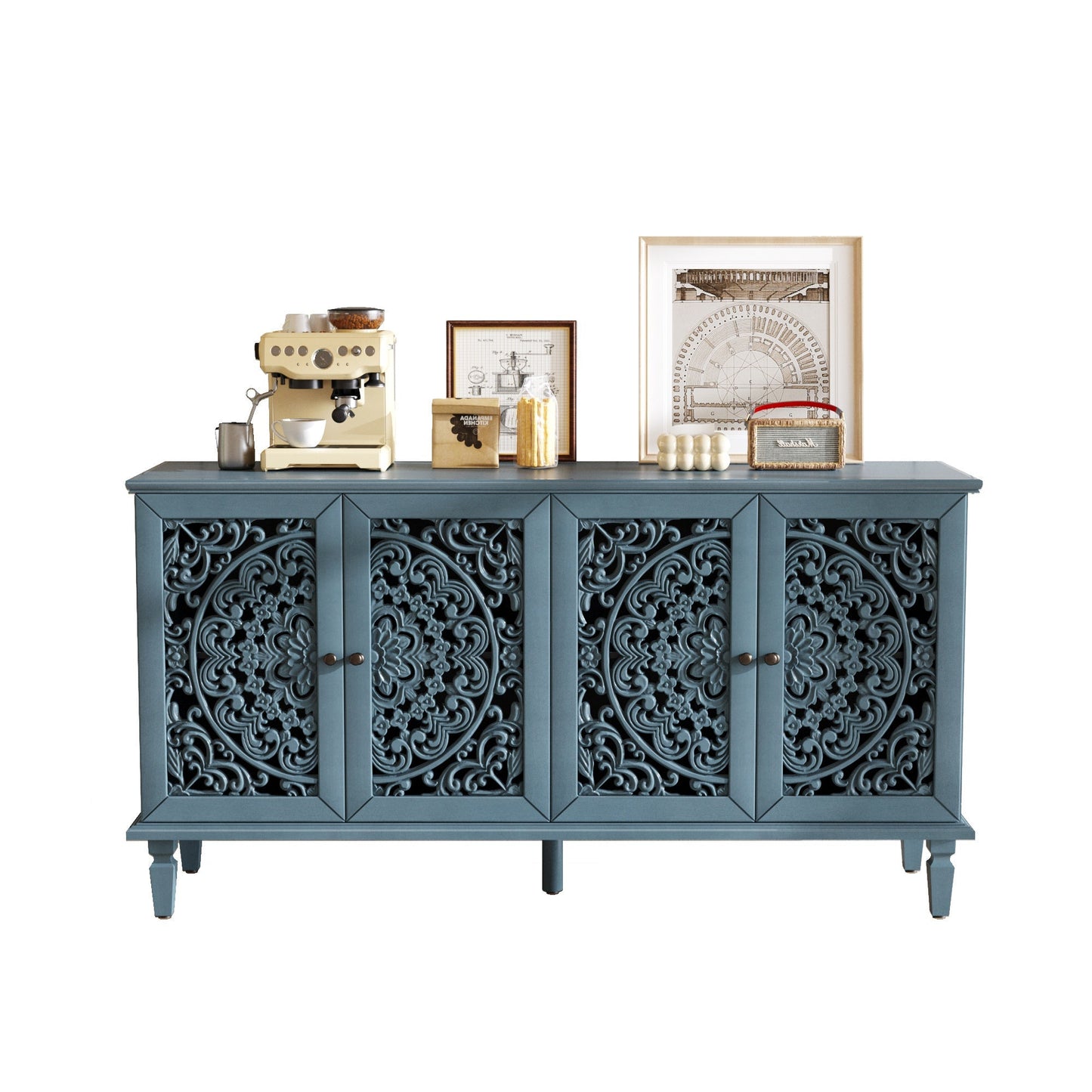 60in antique buffet cabinet with blue finish and ornate floral carvings by HouseOfZazla on Tampa Home & Garden Store