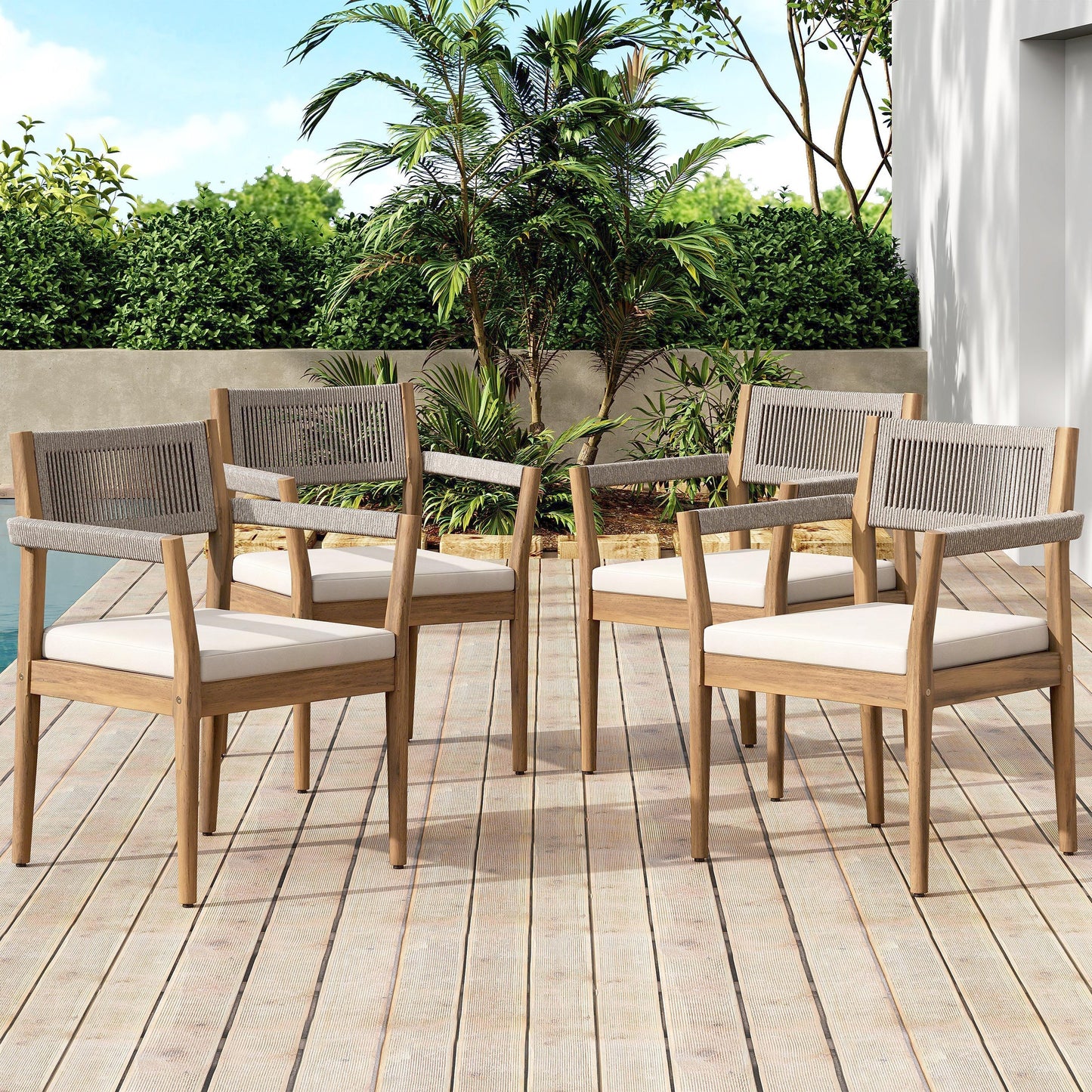 Braided acacia wood outdoor dining chairs teak-look beige rope and cream cushions on patio on Tampa Home & Garden Store
