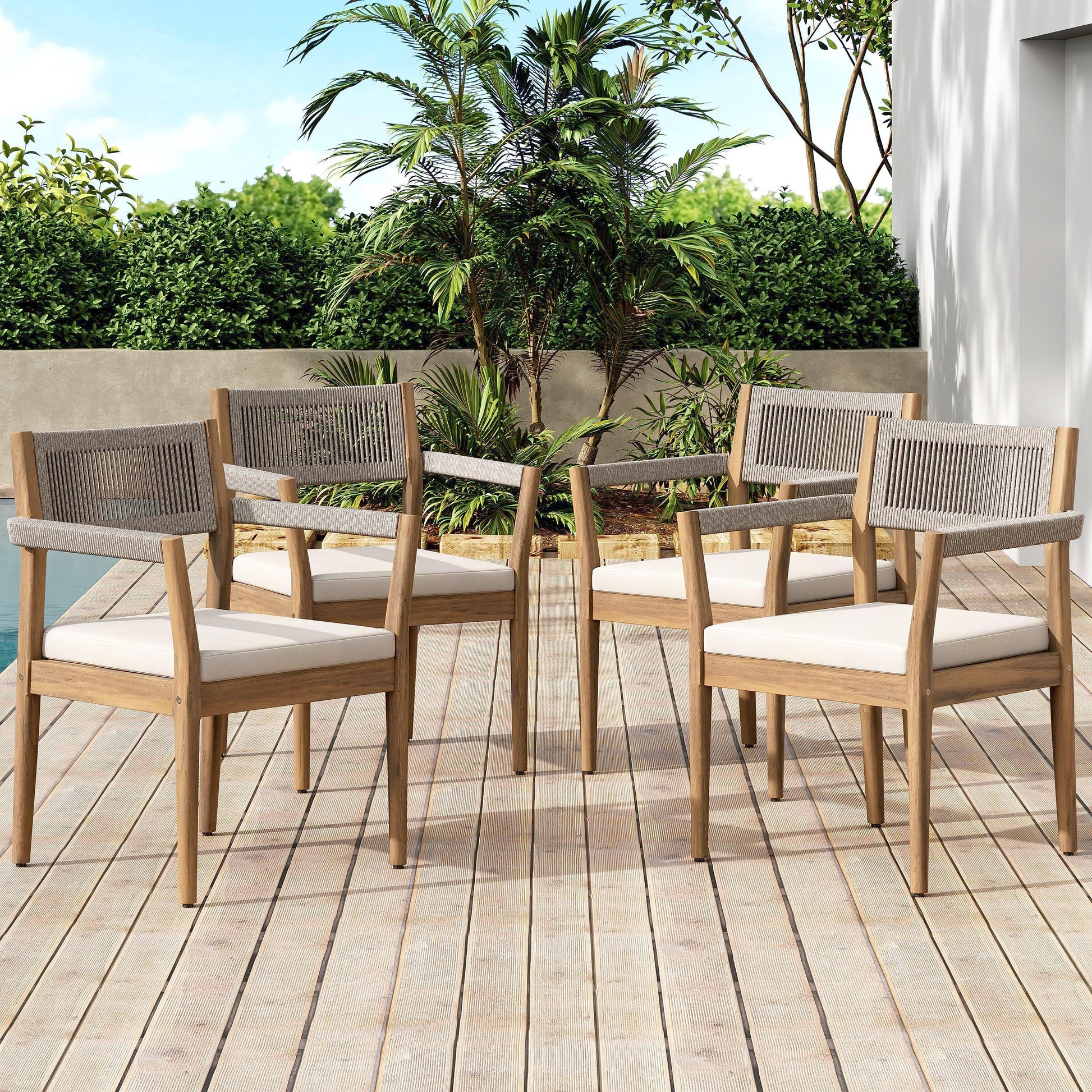 Braided acacia wood outdoor dining chairs teak-look beige rope and cream cushions on patio on Tampa Home & Garden Store