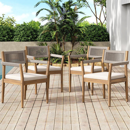 Braided acacia wood outdoor dining chairs teak-look beige rope and cream cushions on patio on Tampa Home & Garden Store