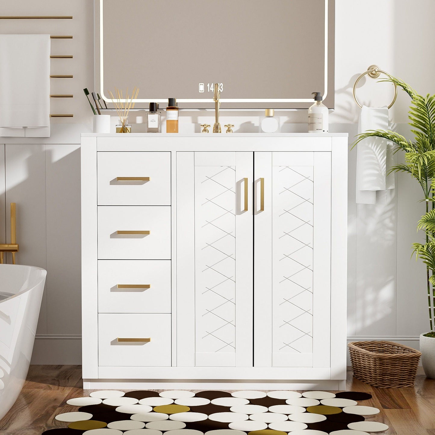 White bathroom vanity with sink, 3-drawer left cabinet and soft-close doors on Tampa Home & Garden Store