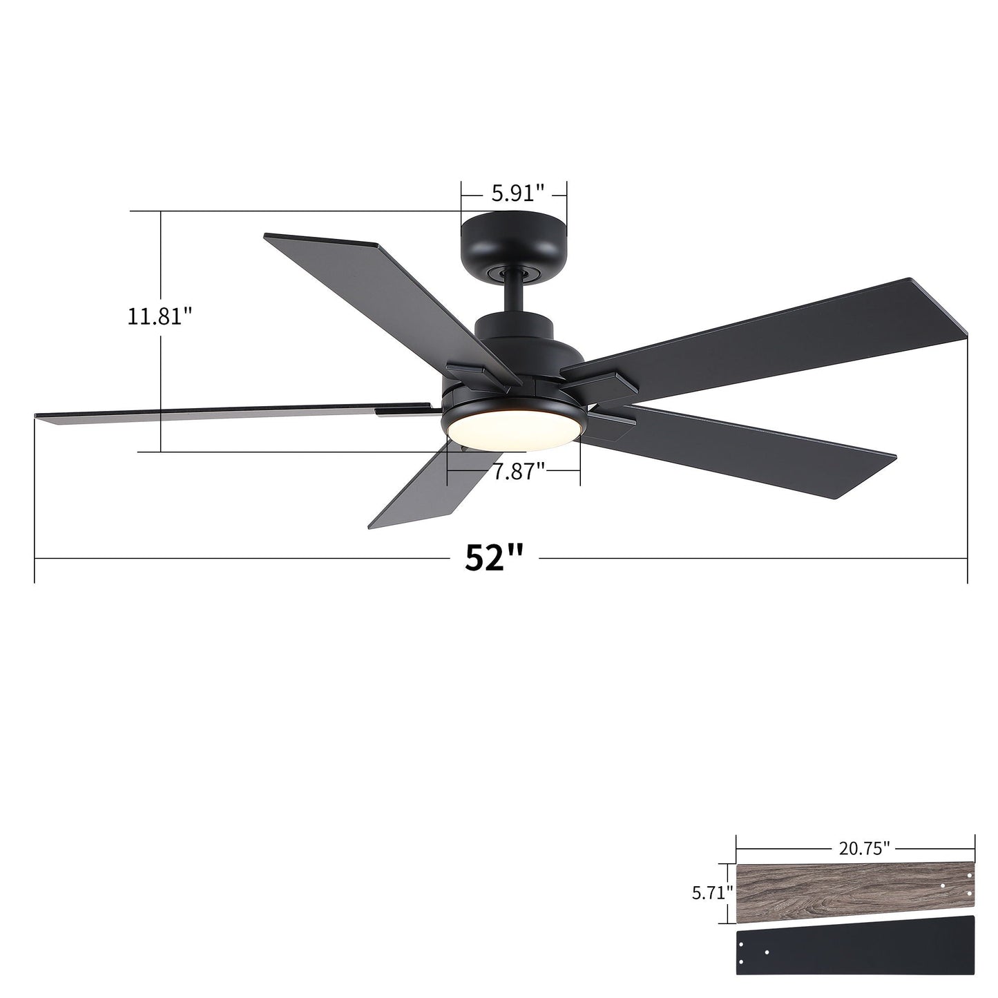 Ceiling fan HouseOfZazla 52in black finish with reversible motor and dimmable LED light on Tampa Home & Garden Store
