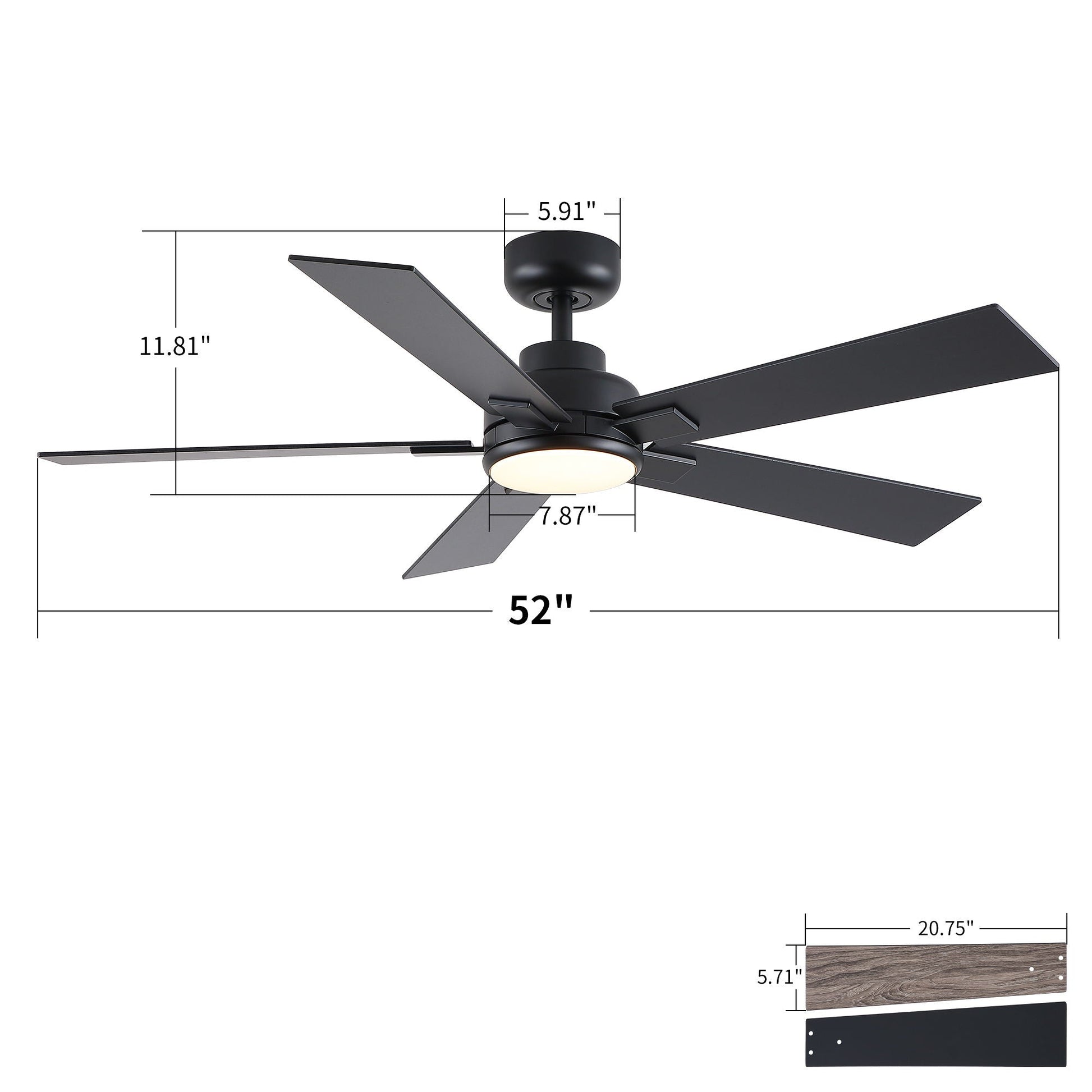 Ceiling fan HouseOfZazla 52in black finish with reversible motor and dimmable LED light on Tampa Home & Garden Store