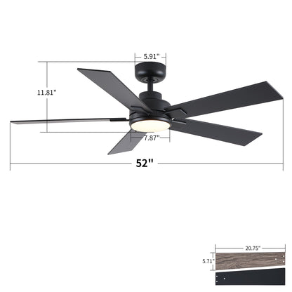 Ceiling fan HouseOfZazla 52in black finish with reversible motor and dimmable LED light on Tampa Home & Garden Store