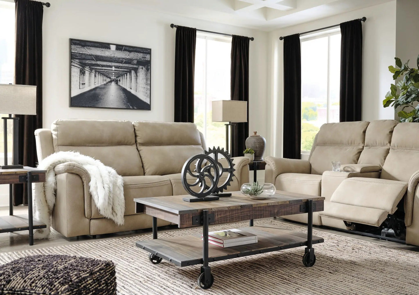 Next-Gen Durapella Reclining Power Sofa pair beige upholstery by Unique Piece Furniture on Tampa Home & Garden Store