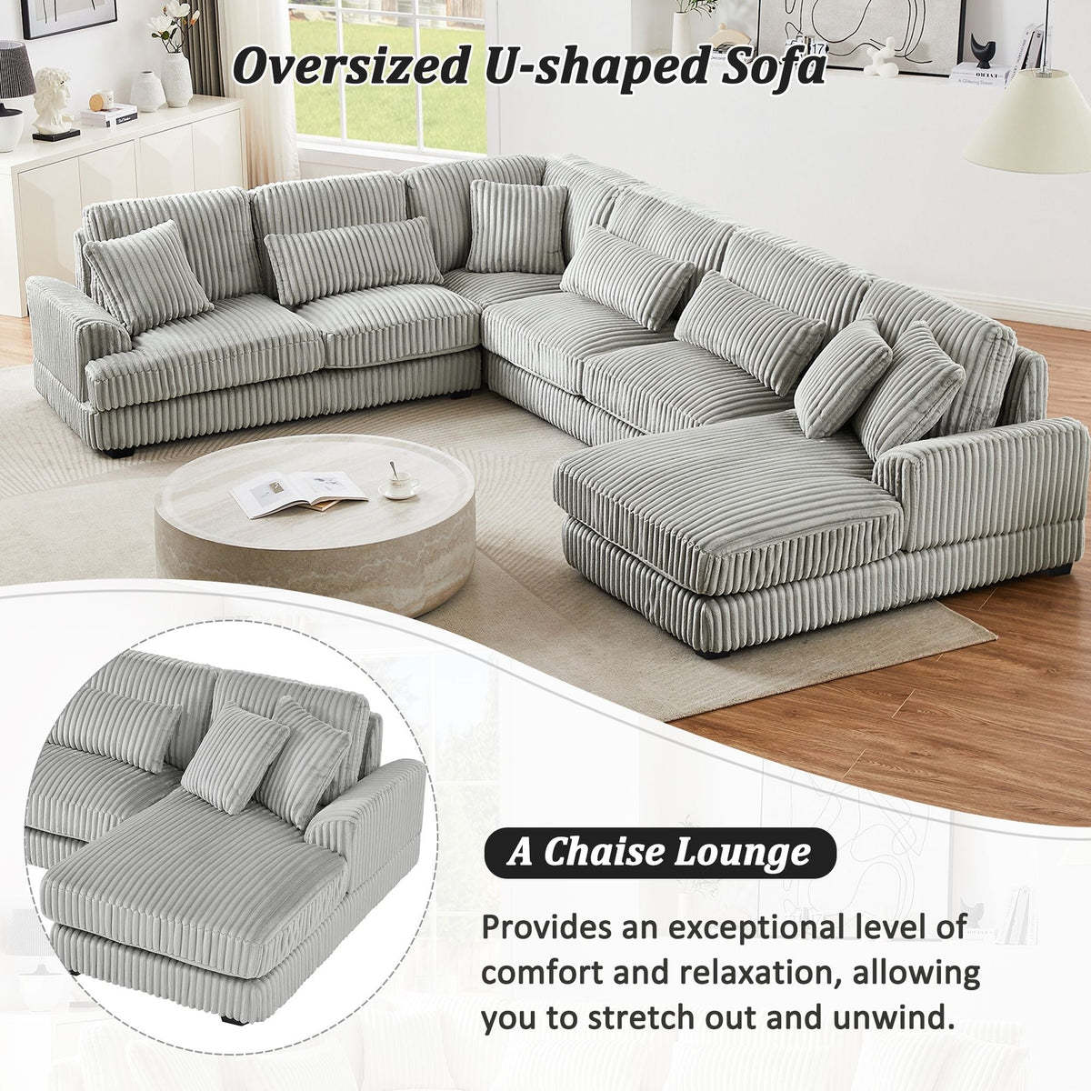 Oversized U-shaped sectional sofa with chaise lounge in gray corduroy by HouseOfZazla on Tampa Home & Garden Store