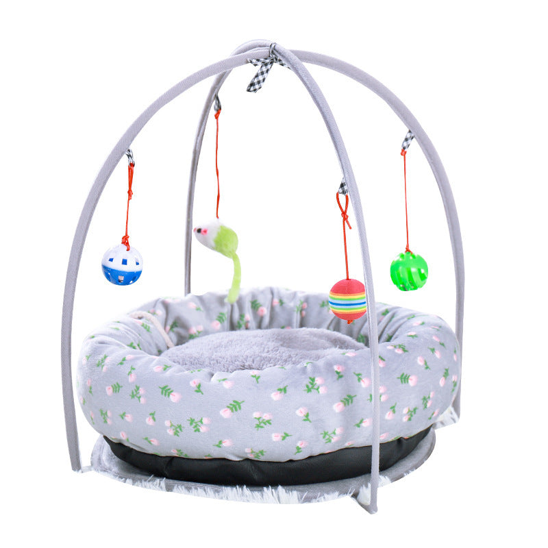Four seasons universal cat tent nest by Sell My Stuff, soft grey plush bed with hanging toys on Tampa Home & Garden Store