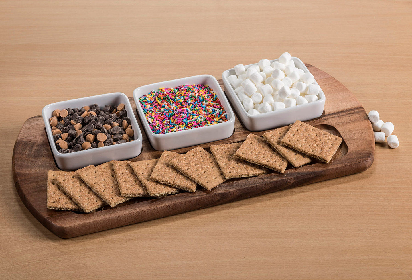 Charcuterie / Serving Tray w/ 3 Square Ceramic Bowls