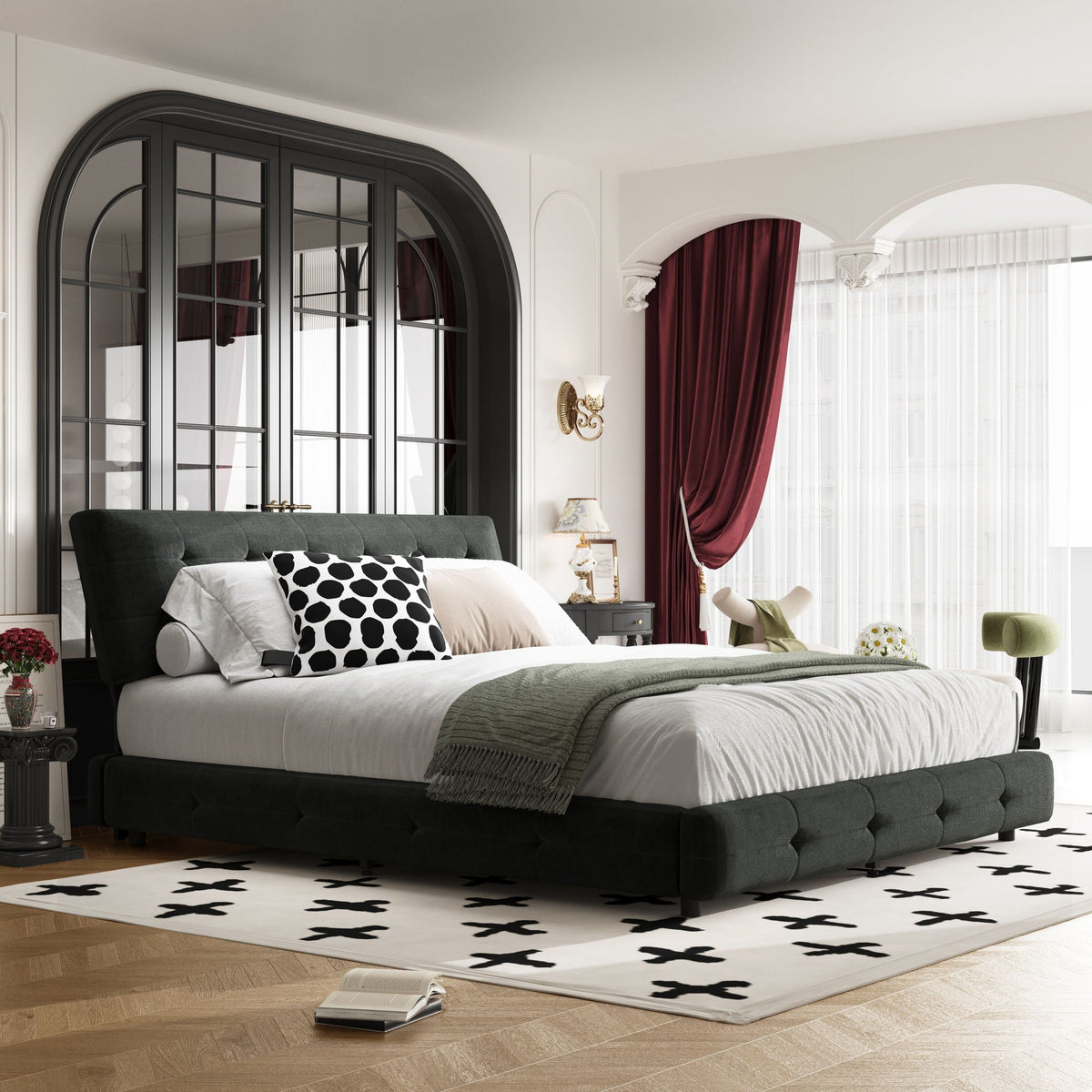 Black tufted upholstered bed with arched headboard and bedding, polka-dot throw pillow on Tampa Home & Garden Store