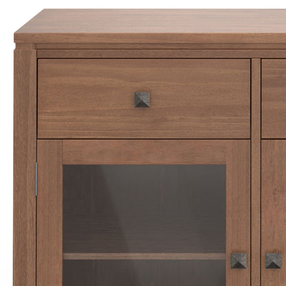 Handcrafted sideboard buffet with glass doors in warm wood finish, square metal knobs on Tampa Home & Garden Store