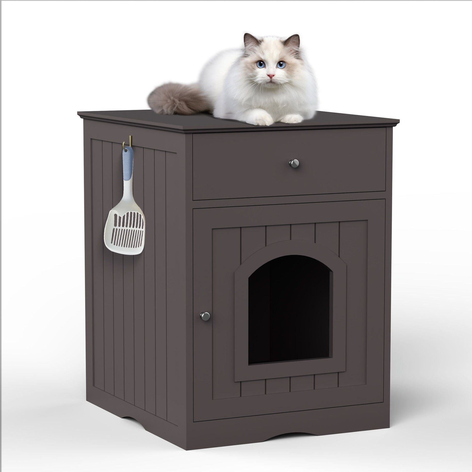 Pet House Cat Litter Box Enclosure With Drawer, Side Table in dark brown wood with cat on top on Tampa Home & Garden Store