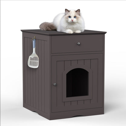 Pet House Cat Litter Box Enclosure With Drawer, Side Table in dark brown wood with cat on top on Tampa Home & Garden Store