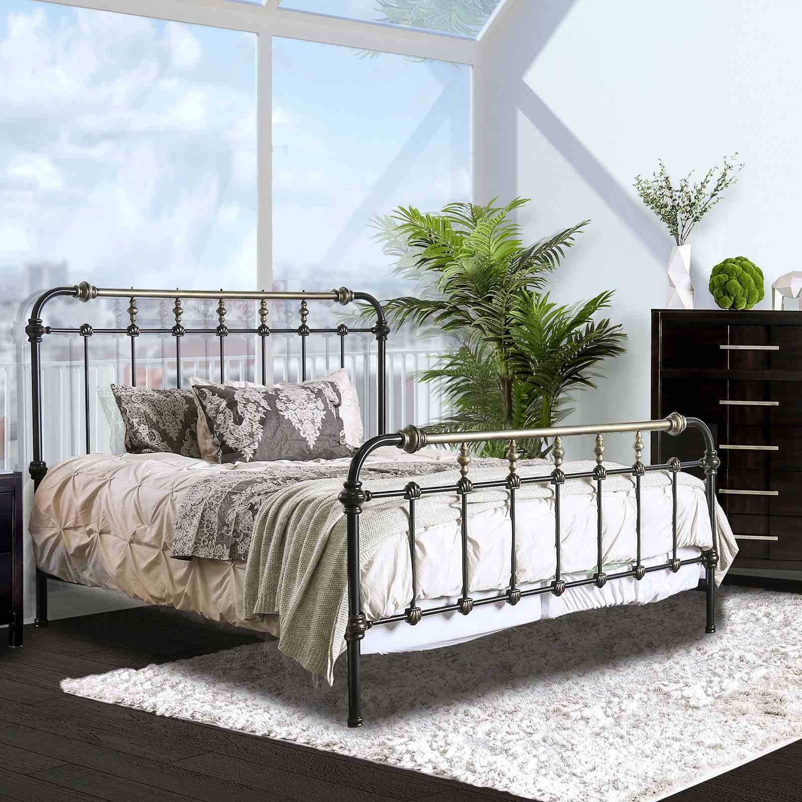 Transitional Panel Bed black metal frame with brass accents by Unique Piece Furniture on Tampa Home & Garden Store