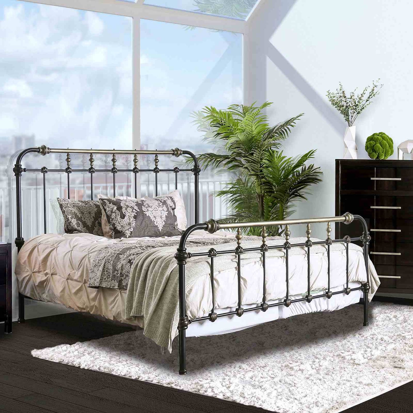 Transitional Metal Panel Bed and Accents