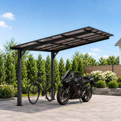 Carport 10x10 ft PC Roof Carport by HouseOfZazla with galvanized steel frame and sloped roof, bikes under cover on Tampa Home & Garden Store