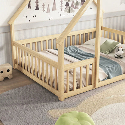 Wood house-shaped toddler bed with fence guardrails in light oak finish Unique Piece Furniture on Tampa Home & Garden Store